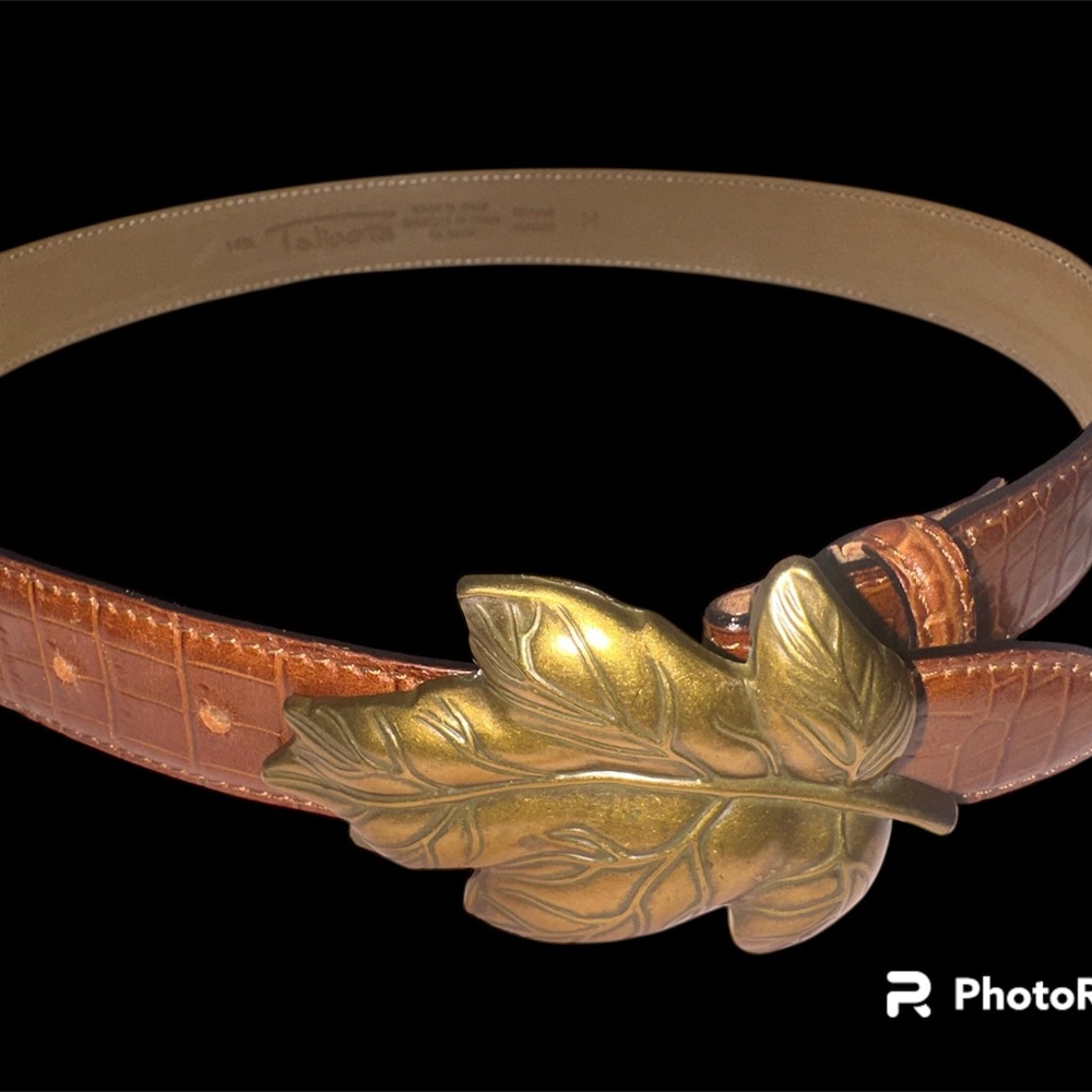 Vintage Talbots Leather Belt Gold Leaf Buckle Italy Statement Waist Belt M